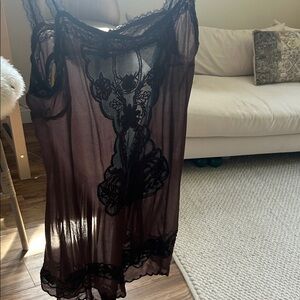 Free People Brown Sheer Lace-Panel Slip Chemise